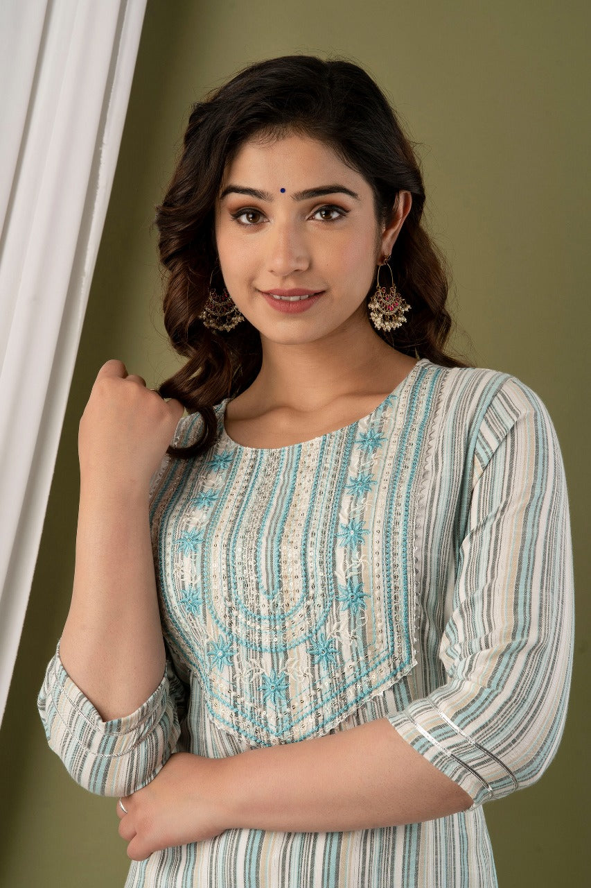 Baby Blue with Cream Khadi Cotton Fabric