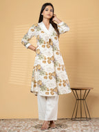 2Pc Pure Khadi Cotton Cream Floral A-Line Kurti Set with Mirror Work