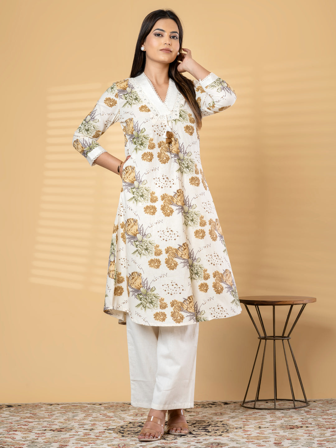 2Pc Pure Khadi Cotton Cream Floral A-Line Kurti Set with Mirror Work