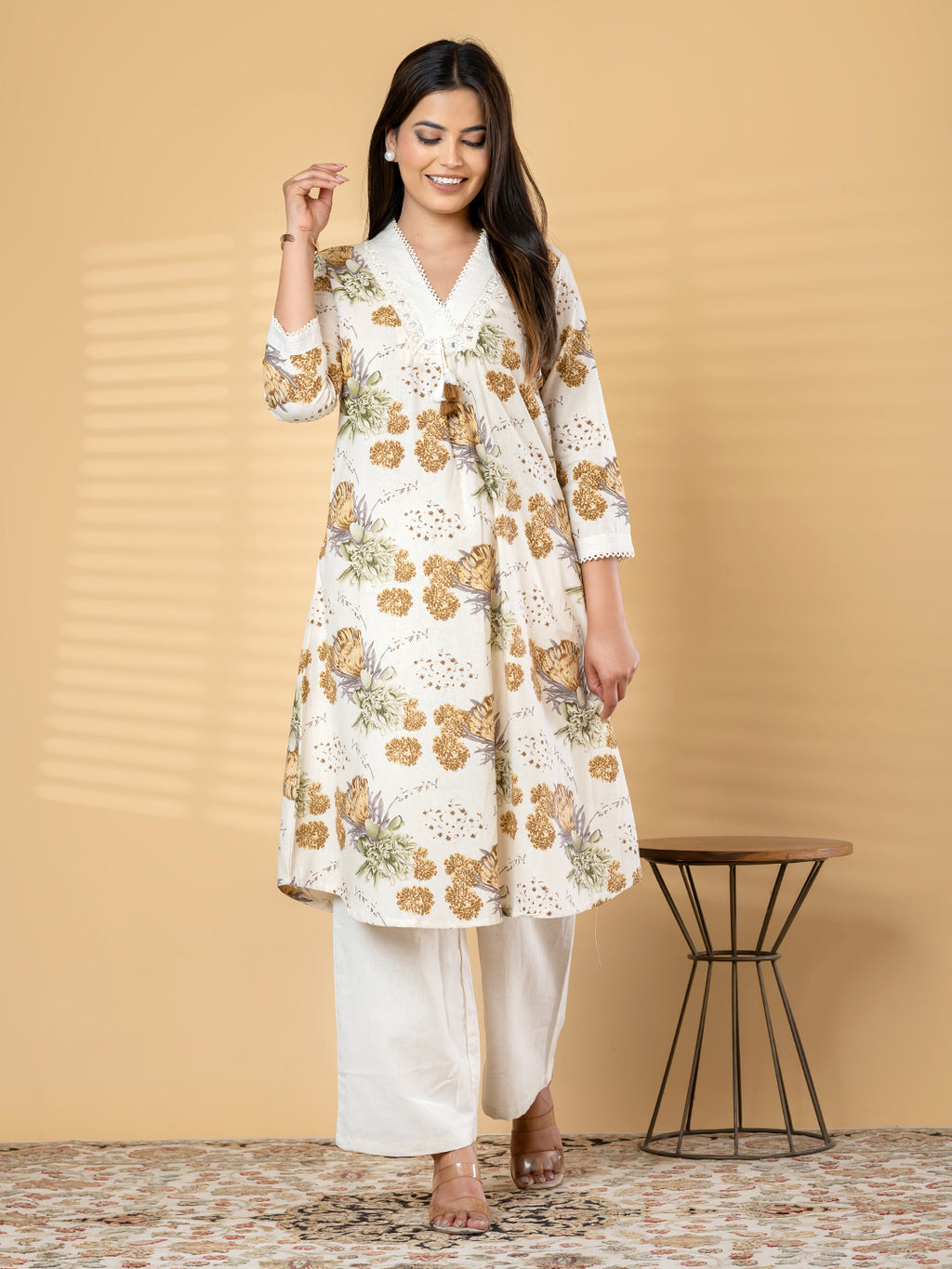 2Pc Pure Khadi Cotton Cream Floral A-Line Kurti Set with Mirror Work