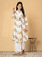 2Pc Pure Khadi Cotton Cream Floral A-Line Kurti Set with Mirror Work