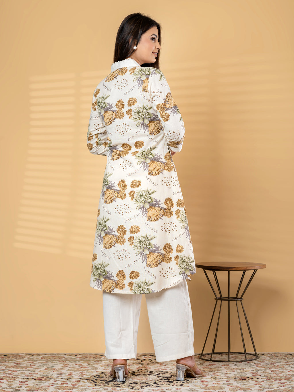 2Pc Pure Khadi Cotton Cream Floral A-Line Kurti Set with Mirror Work