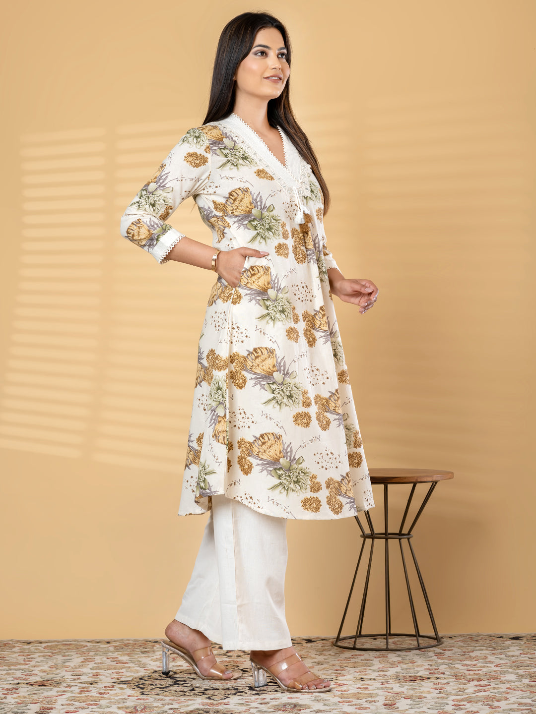 2Pc Pure Khadi Cotton Cream Floral A-Line Kurti Set with Mirror Work